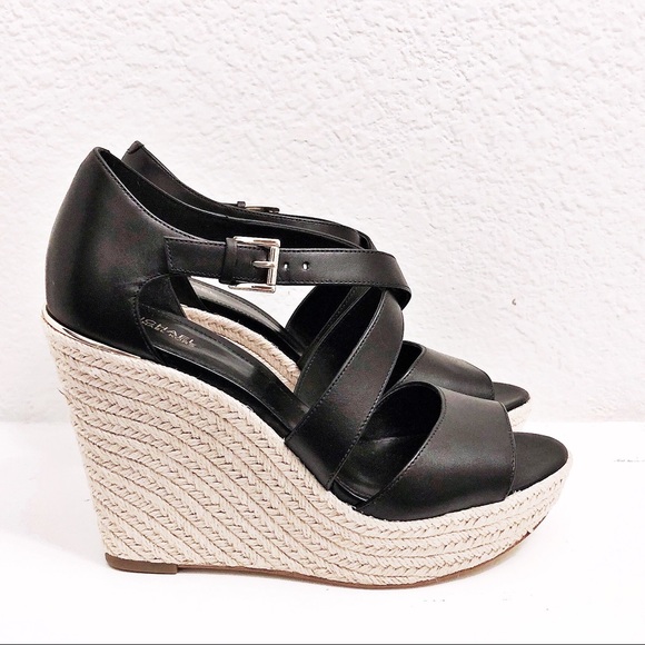 NEW Michael Kors Leather Wedge Sandals Espadrilles Black, Size 9.5 Retail $139 - Picture 7 of 13